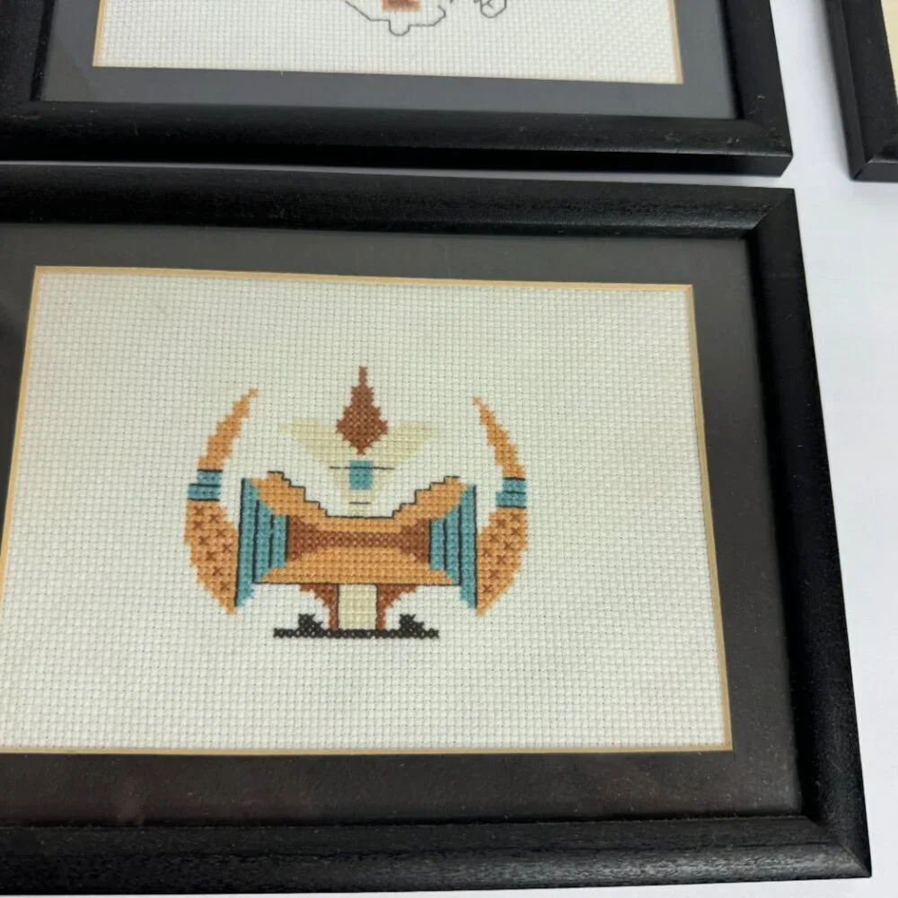 Vintage Hand Cross Stitch Native American Symbols Framed Set of 4